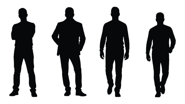 Silhouettes of four men in suits walking representing modern business and style