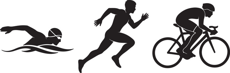 Obraz premium Black silhouettes of a swimmer, runner, and cyclist in action also transparent background swimming