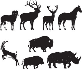 Fototapeta premium Black silhouettes of various horned animals including sheep, deer, goat, bison, and rhinoceros also transparent background