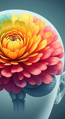 Colorful flower blooming inside human brain, showcasing mental wellness, growth, and positive thinking concepts.  Free space for text