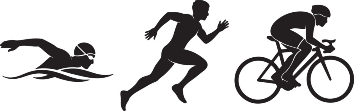 Black silhouettes of a swimmer, runner, and cyclist in action also transparent background swimming