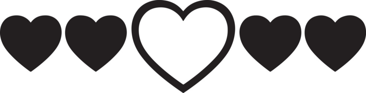 Five black heart shapes in a row with one larger heart in the center and four smaller hearts on each side also transparent background