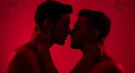 Silhouette of two men embracing, about to kiss against a red backdrop, hearts subtly incorporated, symbolizing love and Valentine's Day romance