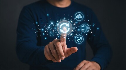 a man interacts with a glowing digital interface showcasing data security and cloud synchronization concepts highlighting modern technology integration high quality