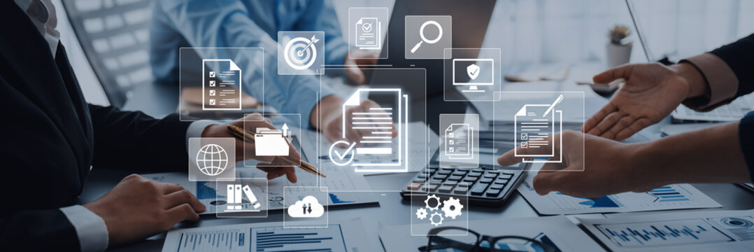 Concept of corporate compliance and quality control. Following a checklist and adhering to company policy and regulatory standards, confirmed by an official audit documentation. Fermion