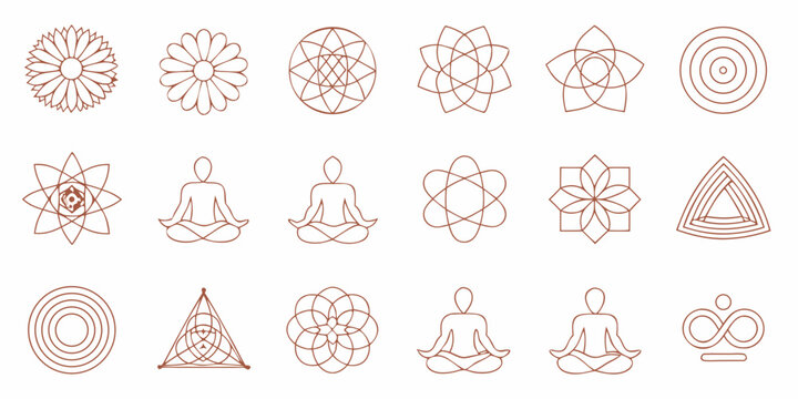 Collection of delicate brown line art icons featuring floral spiritual and geometric designs