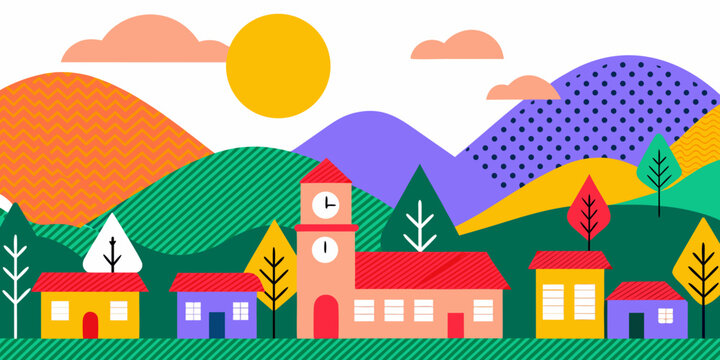 Colorful illustration of a village landscape with mountains and a bright sun