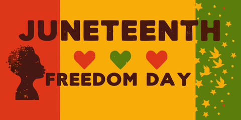 Juneteenth celebration with silhouette hearts birds and vibrant color blocks