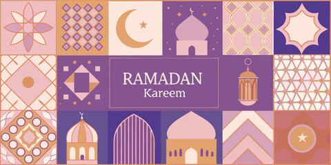 Ramadan kareem greeting with islamic motifs crescent moon and geometric patterns
