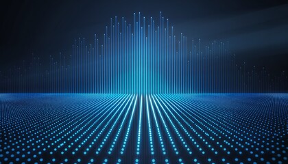 an abstract representation of data streams and digital networks with glowing blue lines forming a futuristic landscape and a dotted floor