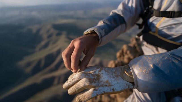 A close-up of gloved fingers adjusting brake toggles mid-flight, subtle micro-movements shaping the paraglider&rsquo;s trajectory over rolling valleys &mdash; fine control and masterful airborne navigation.