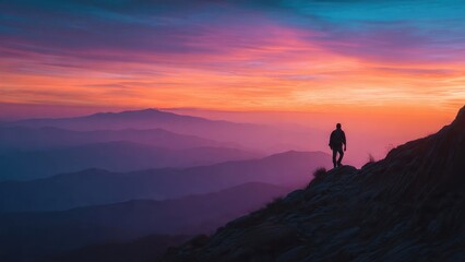 Fototapeta premium Hiker on mountain ridge at sunset