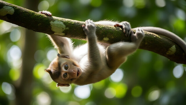 Close-up of a monkey hanging upside down from a tree branch