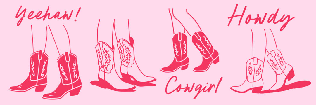 Hand drawn cowgirl boots doodle on pink background with western fashion attitude and playful feminine vibe