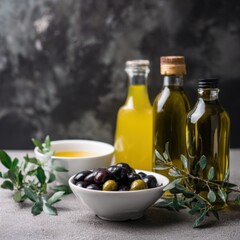 Assorted olives and olive oil bottles on a rustic table setting
