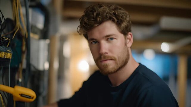 A diligent maintenance technician troubleshooting electrical wiring in a residential basement, surrounded by tools and supplies, illustrating the complexity and importance of home electrical - Powered by Adobe