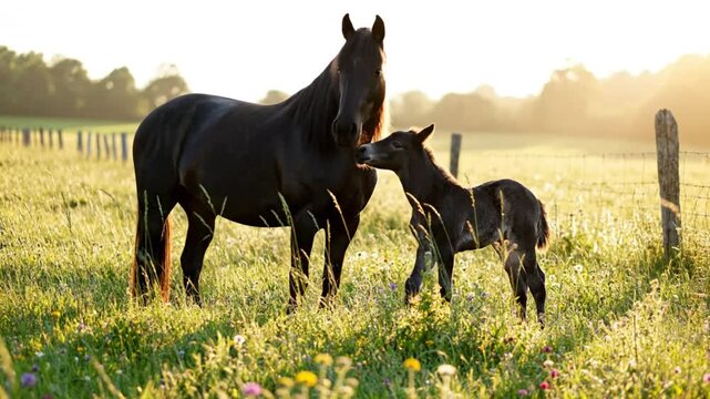 Black horse and foal standing in a green field with sunlight and a fence during a sunny day