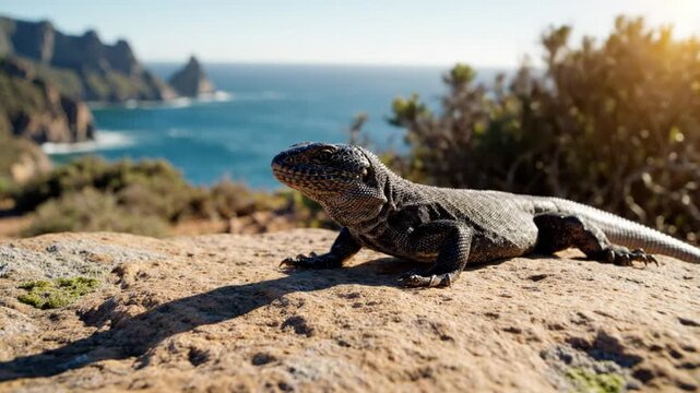 Coastal view of a Cape Girdled Lizard basking in the sunlight on a rocky outcrop with the ocean in the background