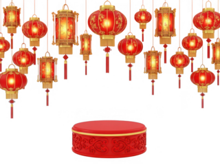 Vibrant chinese lanterns and decorative box isolated on transparent background