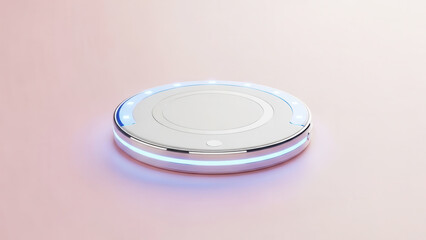A futuristic, round magnetic wireless phone charger on a light pink background