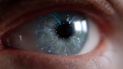 Digital Eye: A close-up shot of an eye with a captivating iris, revealing intricate digital circuits superimposed on its surface, illustrating the fusion of technology and human vision.