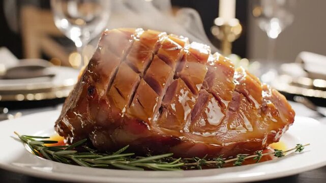 Savory glazed ham with diamond cuts on a white plate with fresh rosemary and steam rising, ready to serve for dinner