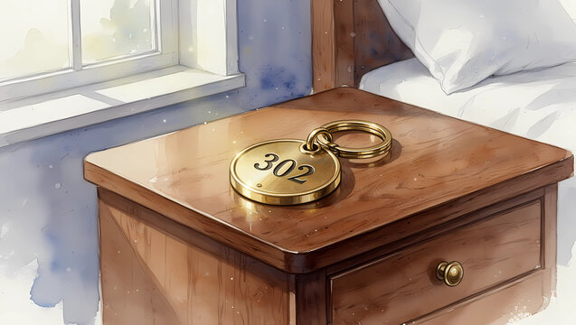 Hotel keychain with room number 302 resting on wooden nightstand by window  