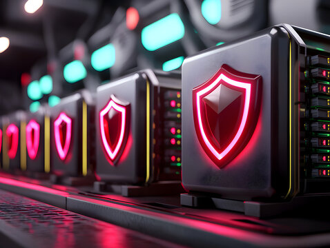 Futuristic server array inside data center with glowing red shield symbol for powerful network security
