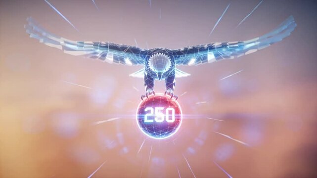 Animated illustration of a holographic eagle swooping in to catch a glowing 250 energy sphere, with pulsing light shards, soft particle drift, and a cinematic sci‑fi glow in a 16:9 composition.