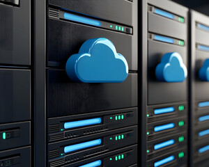 Futuristic cloud hosting technology in server room. Powerful network for data storage and computing services in center