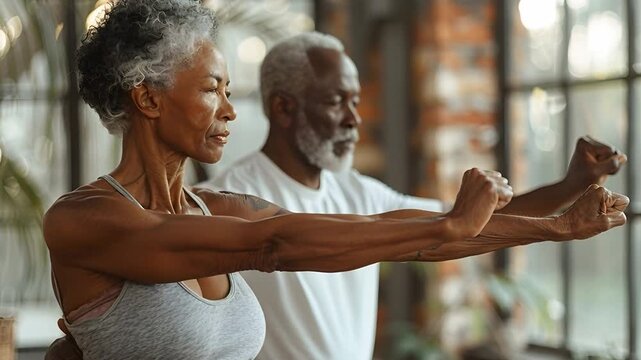 A man and a woman are engaging in fitness exercises in a gym. They focus on their movements and maintain a clear form. The gym has natural light coming through large windows