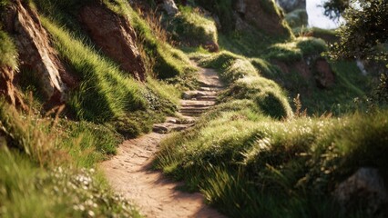 Obraz premium Scenic Path Through a Lush Green Hillside