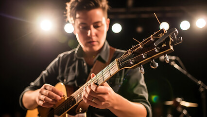 Obraz premium Young musician playing acoustic guitar on stage