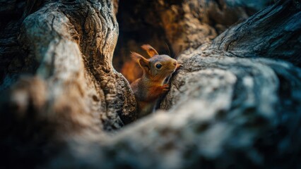 Obraz premium Squirrel Peek-a-Boo in Tree Hollow