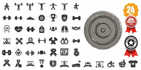Obraz premium Collection of various black icons and a tire with badges displayed