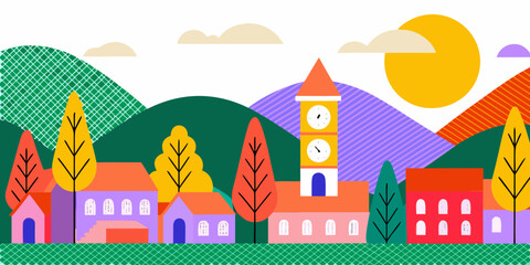 Obraz premium Stylized illustration of a colorful townscape with mountains and a bright sun