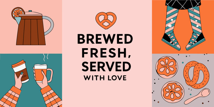 A colorful illustration displaying beer pretzels and cheerful food imagery