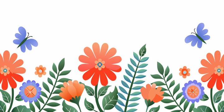 colorful flowers and butterflies on a white background with green leaves