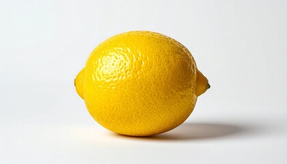 Bright yellow lemon with textured glossy surface placed horizontally on plain white background.