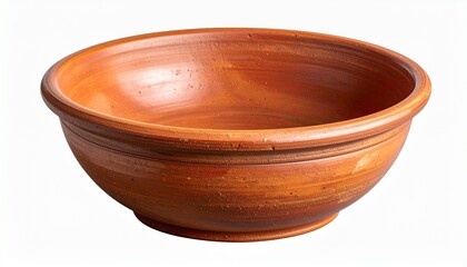 Terracotta bowl with carved leaf pattern and wide opening on transparent background.