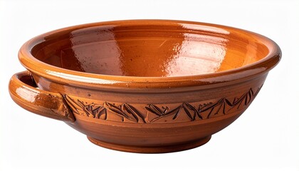 Terracotta bowl with carved leaf pattern and wide opening on transparent background.