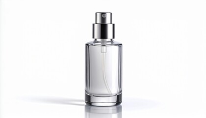 Clear empty glass bottle with metal screw cap, cylindrical shape and tapered neck on white background.