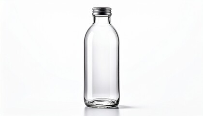 Clear empty glass bottle with metal screw cap, cylindrical shape and tapered neck on white background.