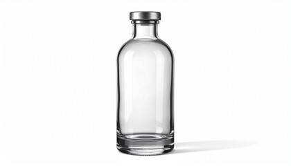 Clear empty glass bottle with metal screw cap, cylindrical shape and tapered neck on white background.