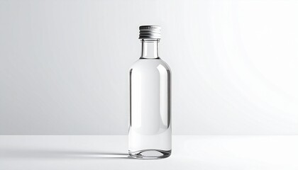 Clear empty glass bottle with metal screw cap, cylindrical shape and tapered neck on white background.