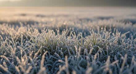 Cold atmosphere, winter season, and morning glow. Frozen blades of grass covered in white frost crystals under a soft morning light.