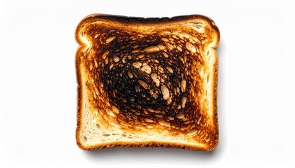 Burnt slice of toast with blackened center and golden-brown edges on white background.