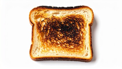 Burnt slice of toast with blackened center and golden-brown edges on white background.