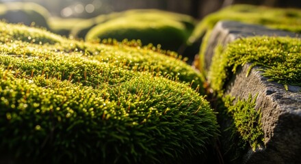 Focus on texture, natural light, and growth. A close-up shot of soft green moss covering ancient rocks in a sunny forest.