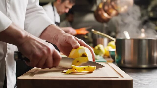 Chef carefully peels a quince fruit with a sharp knife on a wooden cutting board in a professional kitchen